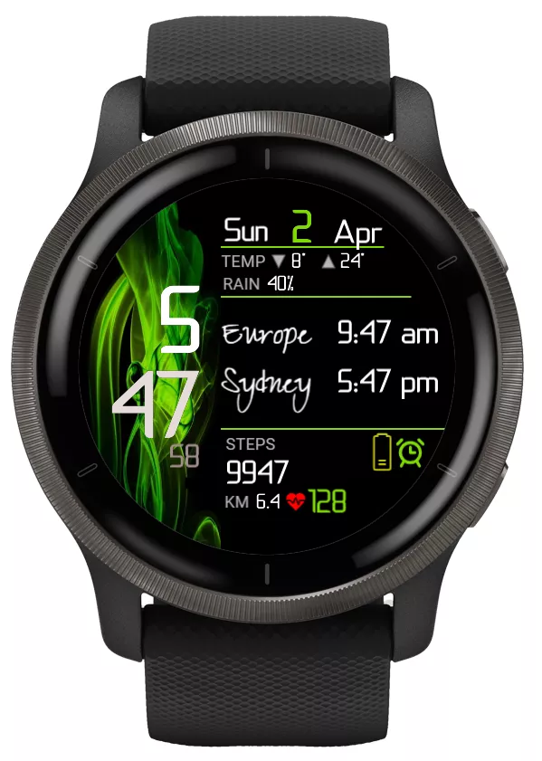 3x Multi Time Zone With Info - (Current, EU & Sydney-Aus)  Venu2 - Lime Green