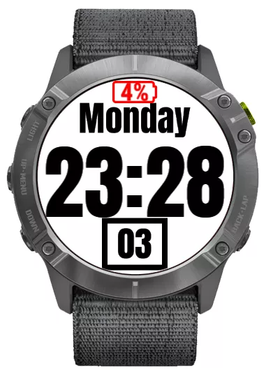 essential things for a watch, battery icon displayed ONLY if value < 6% (reminder to recharge)