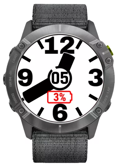 big clock with big display of the date at the center, battery icon appears ONLY if value < 6% (reminder to recharge)