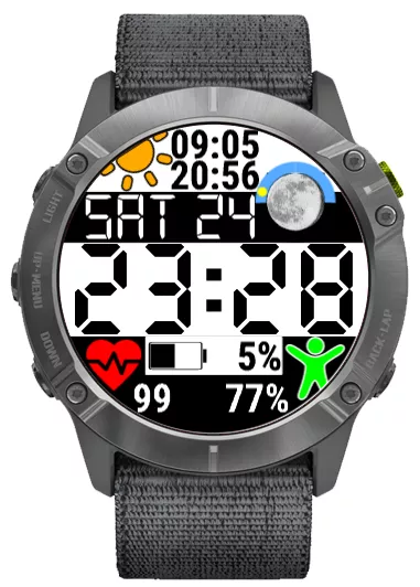 (synchro gps 1 time or the face wont work) Digital watch, moon, realtime sun in the sky, sunrise/sunset, heartrate, battery life, date, body battery