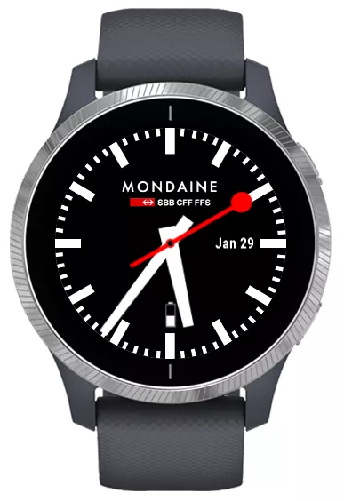 Dark BG Mondaine SBB CFF FFS Watch Face with Date and Battery